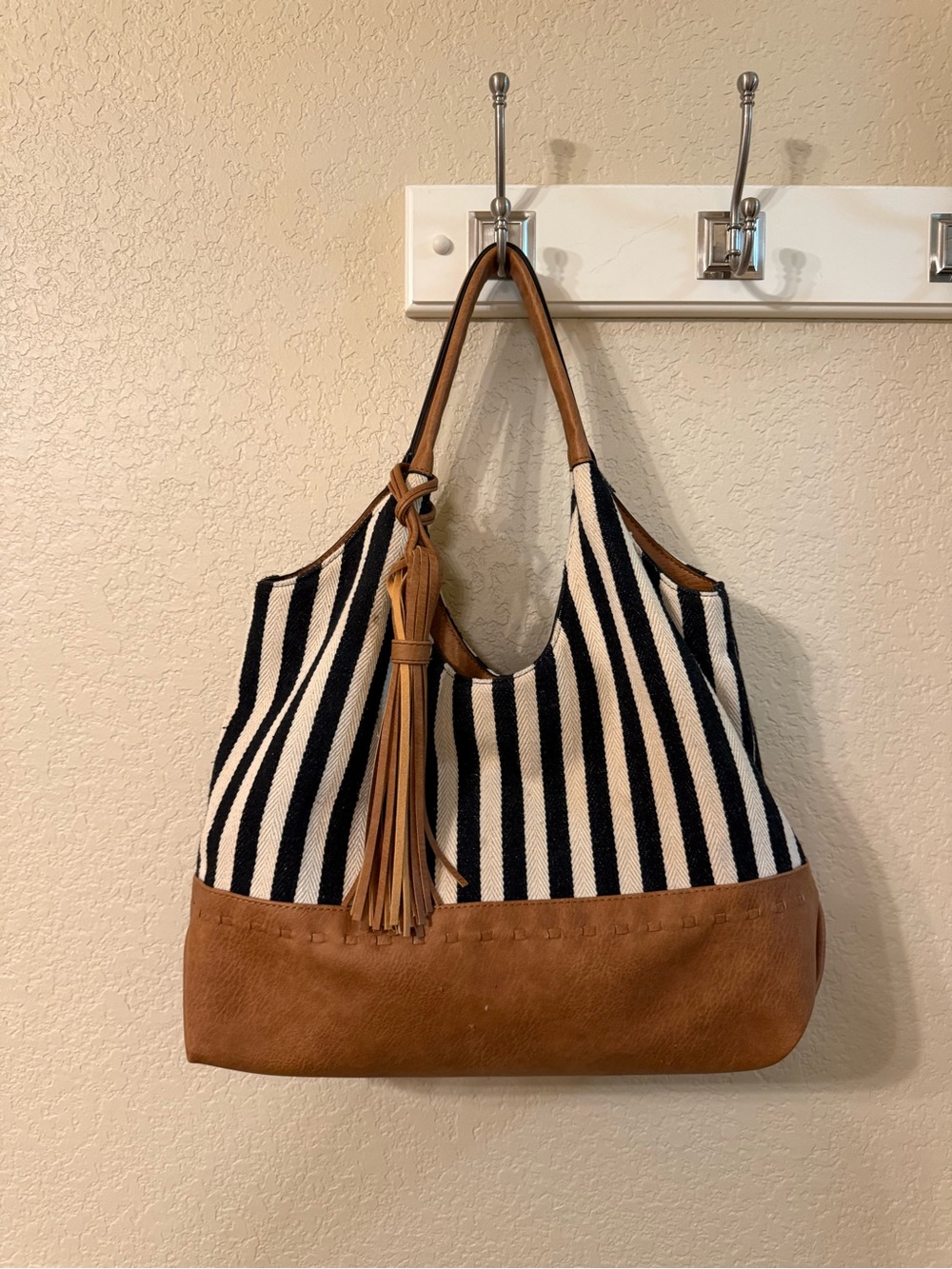 Womens Striped Canvas & Tan Leather Tote Bag - Black & White